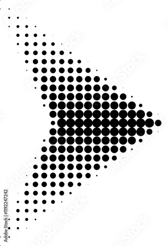 Abstract illustration of arrowhead created from dots, retro halftone pattern effect. Graphic element for web design, digital art, or any visual content needing a stylish and eye catching arrow symbol.