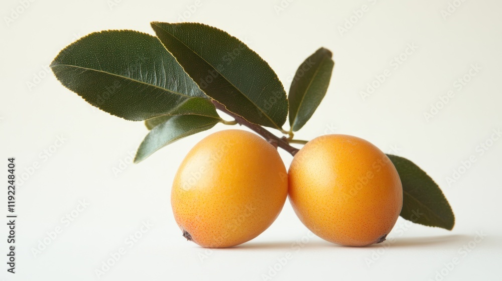 Two ripe yellow plums with green leaves on a branch. Two ripe yellow plums with green leaves on a branch.