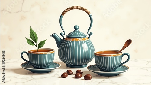 Patterned Elegance: Blue and Orange Tea Set with Chocolate and Hazelnuts