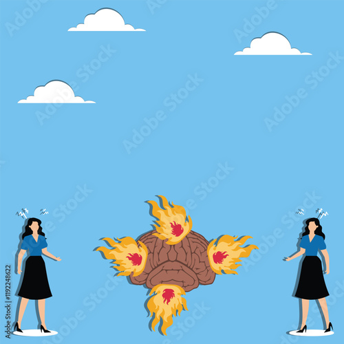 Anxiety and restlessness, overloaded mental stress, depression or mental illness, businesswomen looking uneasily at a brain on fire