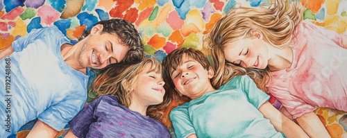 Family of four laying on colorful carpet, smiling and enjoying time together, creating joyful memories in vibrant setting