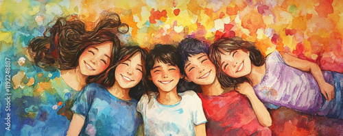 Happy children smiling together, enjoying colorful background, friendship, joy, laughter, and togetherness create vibrant scene of childhood memories