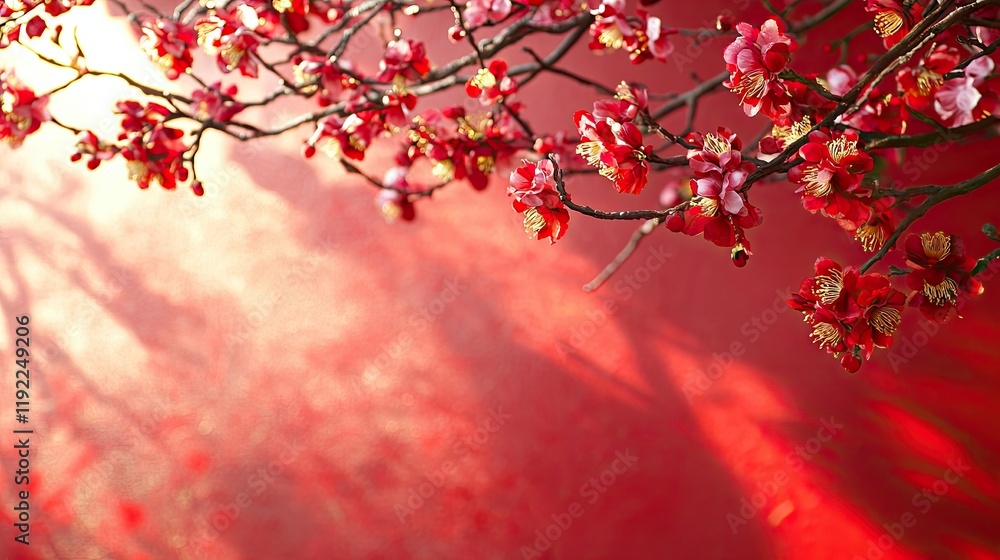 Red plum blossoms, sunlit branches, red background, spring celebration Red plum blossoms, sunlit branches, red background, spring celebration