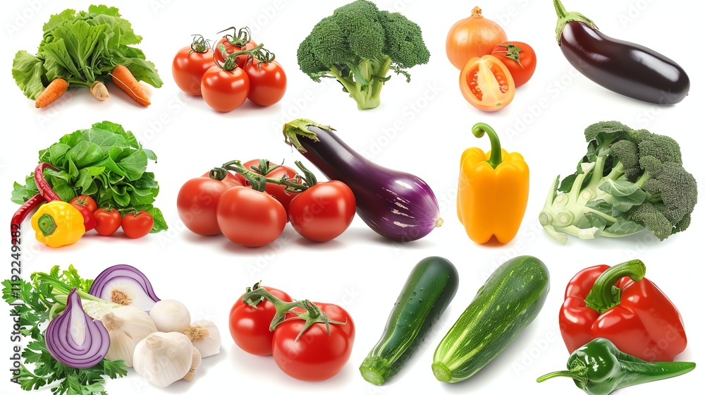 A collage of fresh vegetables on a white background. A collage of fresh vegetables on a white background.