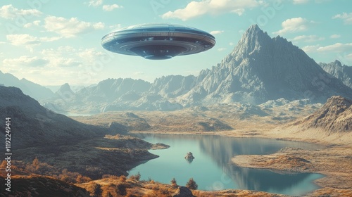 A futuristic flying saucer hovers above a serene landscape,