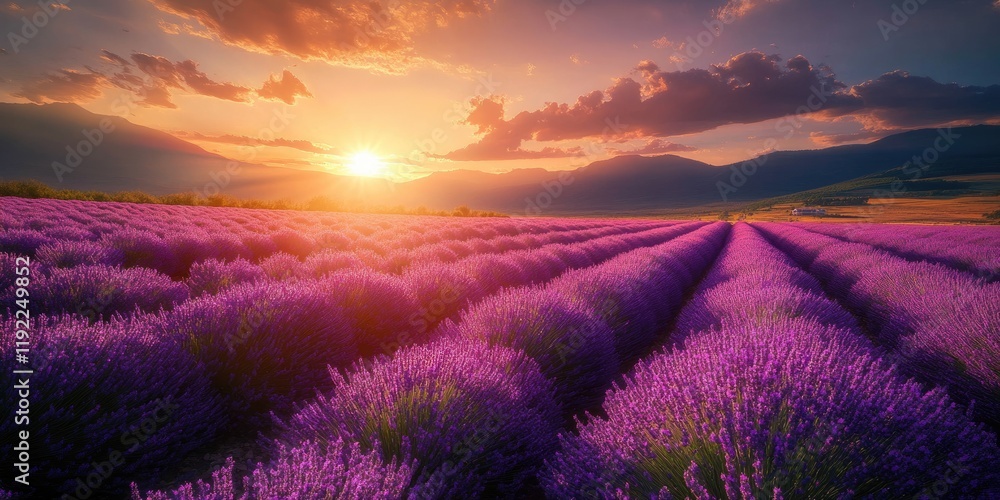 A field of blooming lavender at sunset, with warm, golden light casting long shadows across the rows of purple flowers A field of blooming lavender at sunset, with warm, golden light casting long shadows across the rows of purple flowers