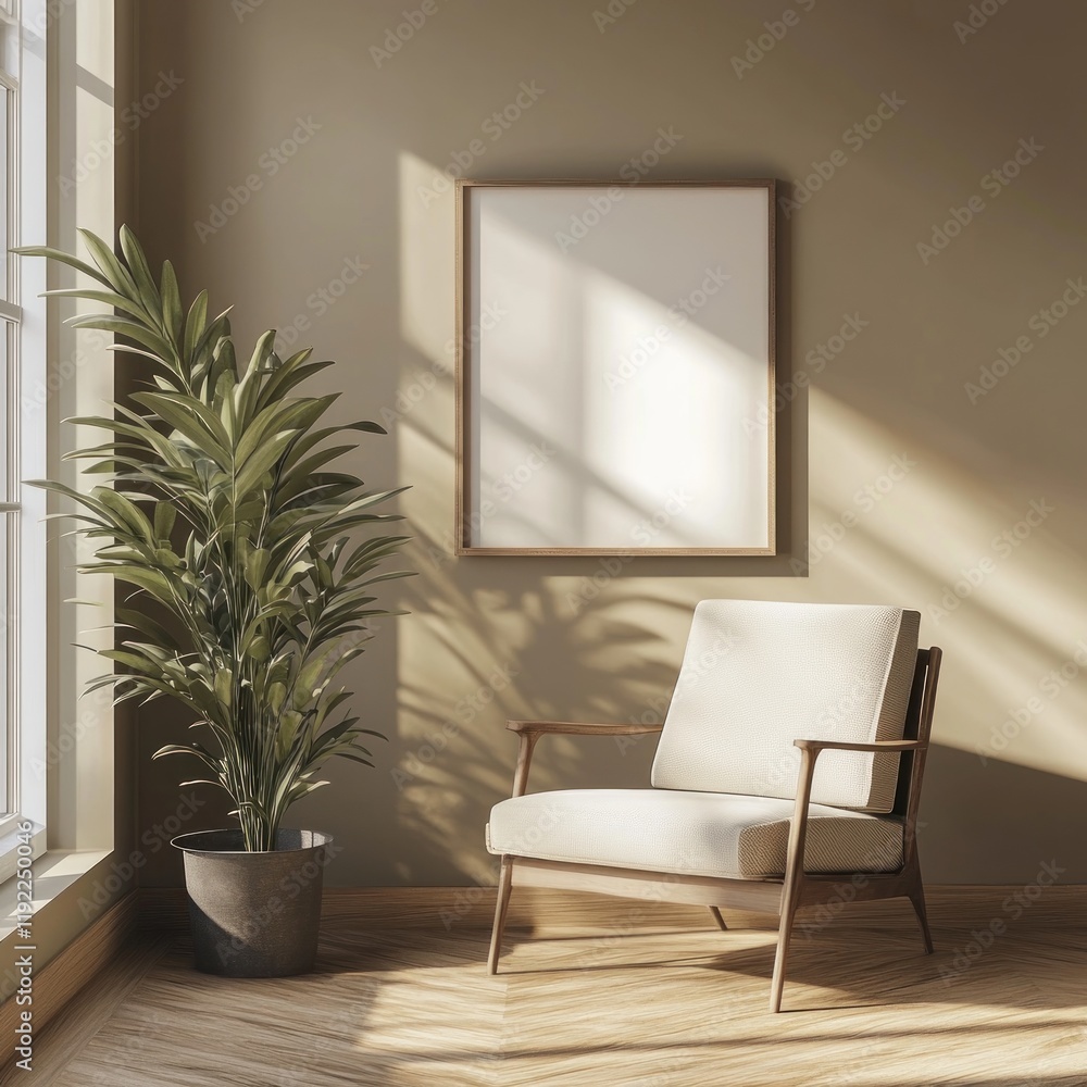 Sunlit corner with armchair, plant, and blank frame. Sunlit corner with armchair, plant, and blank frame.