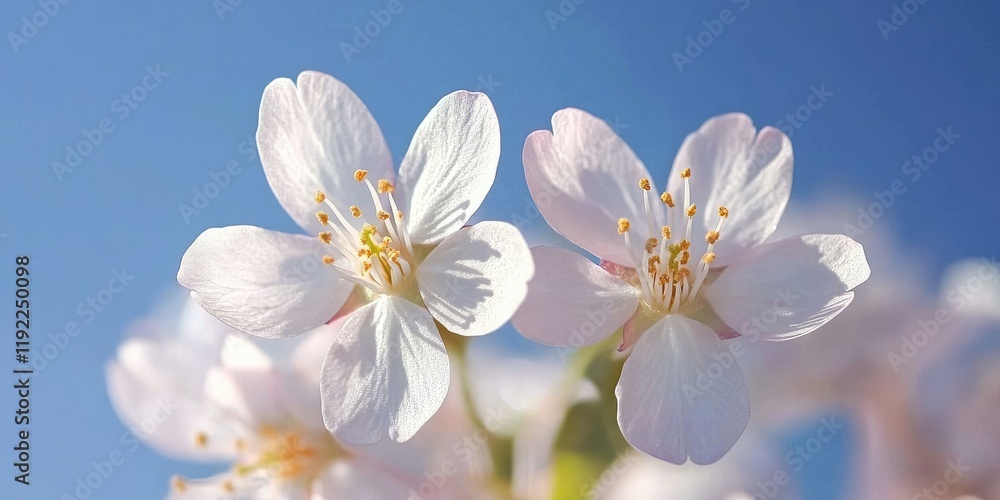 A close-up of blooming cherry blossoms against a clear blue sky, their delicate pink petals creating a striking contrast A close-up of blooming cherry blossoms against a clear blue sky, their delicate pink petals creating a striking contrast
