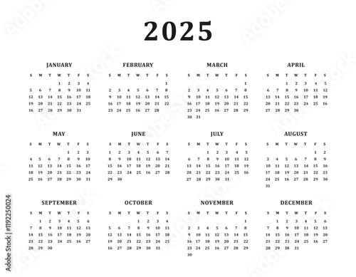2025 year calendar on white background. All 12 months event planner print template vector illustration