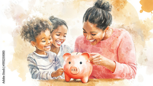 Family smiling as they celebrate filling piggy bank together, showcasing joy and togetherness in warm, colorful setting. moment of happiness and financial learning