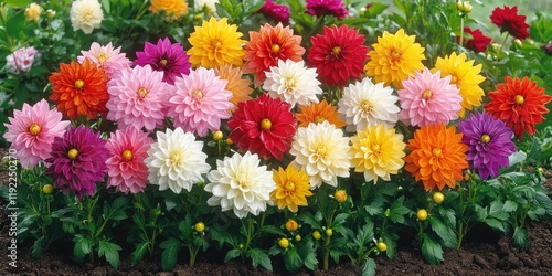 A garden bed filled with dahlias of various colors and sizes, their bright, spiky petals creating a lively and cheerful display