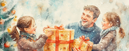 Obraz na płótnie joyful father laughing as his daughters surprise him with gifts during snowy Christmas celebration. scene captures warmth and happiness in festive atmosphere w salonie