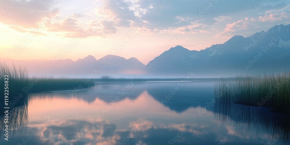 Fototapeta premium A serene wetland landscape at dawn, with calm waters reflecting the sky, surrounded by tall grasses and distant mountains