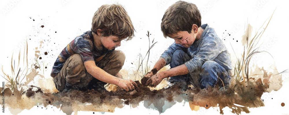 Two young boys playing in dirt, focused on planting seeds. Their hands are covered in soil, showcasing joyful connection with nature