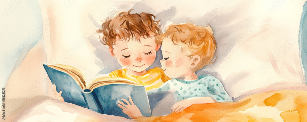 Older brother reading bedtime story to his younger sibling, creating warm and loving atmosphere. cozy scene captures joy of storytelling and sibling bonding