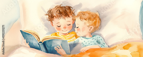 Older brother reading bedtime story to his younger sibling, creating warm and loving atmosphere. cozy scene captures joy of storytelling and sibling bonding