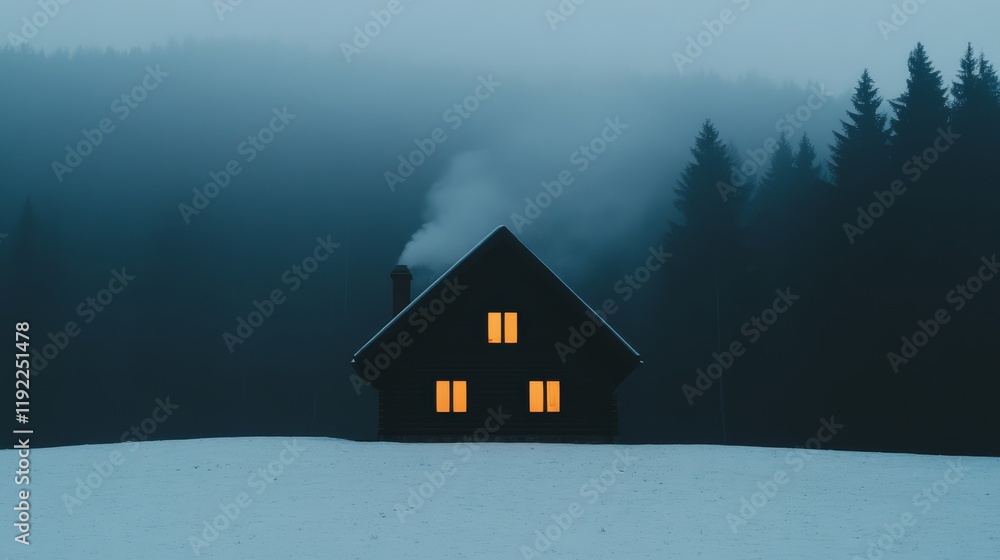 Fototapeta premium A cozy log cabin in the woods in winter with smoke coming from the chimney.