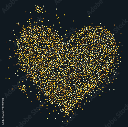 Creative composition of circular gold particles, heart shaped powder. Perfect for love-themed and romantic designs, the artistic arrangement conveys charm and elegance with heart-shaped elements.