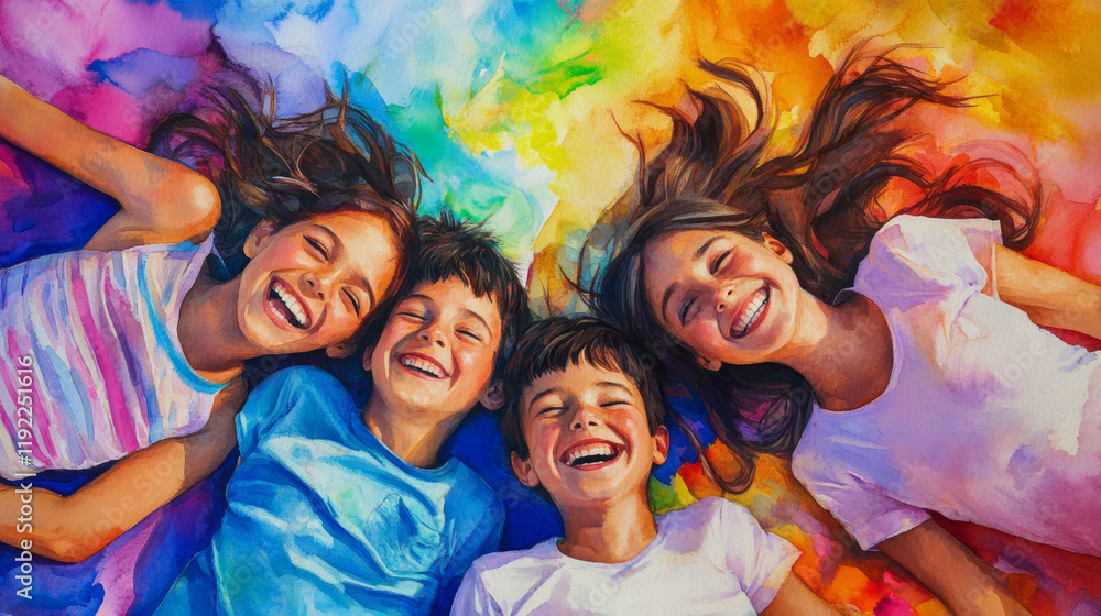 Joyful children laughing together on colorful background, showcasing happiness and friendship. Their vibrant expressions reflect carefree moment of fun and connection