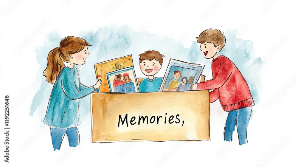Parents and kids joyfully opening box labeled Memories filled with photos, capturing moments of love and togetherness. heartwarming scene of family bonding