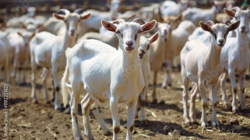 White goats herd farm sunny day livestock agriculture