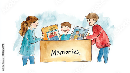 Obraz na płótnie Parents and kids joyfully opening box labeled Memories filled with photos, capturing moments of love and togetherness. heartwarming scene of family bonding w salonie
