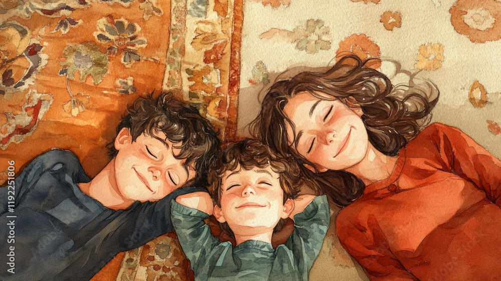 Happy siblings lying side by side on colorful rug, enjoying joyful moment together. Their smiles radiate warmth and love, creating heartwarming scene of family bonding