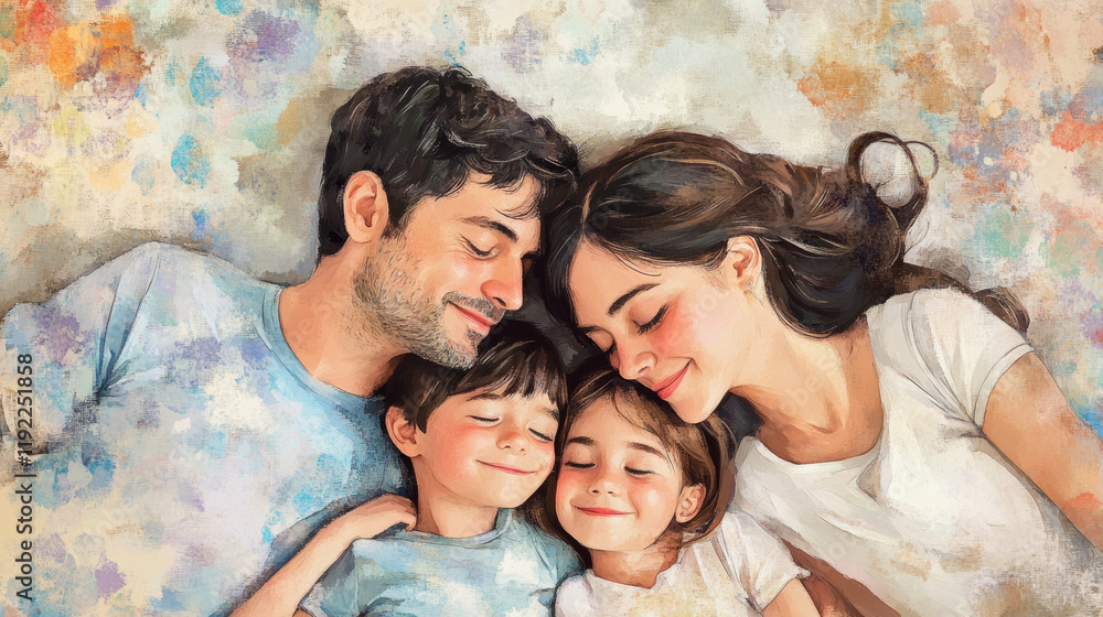 Family portrait of parents and two children lying together, sharing smiles and joy, creating warm and loving atmosphere. beautiful moment captured in soft, artistic style