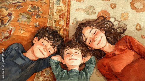 Obraz na płótnie Happy siblings lying side by side on colorful rug, enjoying joyful moment together. Their smiles radiate warmth and love, creating heartwarming scene of family bonding w salonie