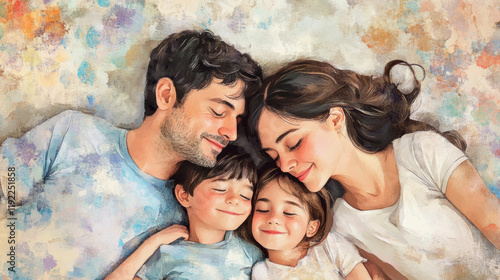 Obraz na płótnie Family portrait of parents and two children lying together, sharing smiles and joy, creating warm and loving atmosphere. beautiful moment captured in soft, artistic style w salonie