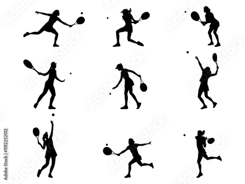 Set of Female Tennis Player Silhouette in various poses isolated on white background