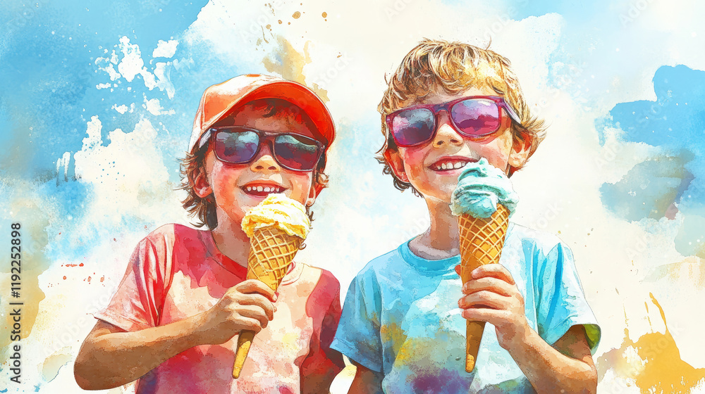 Two brothers enjoying ice cream cones on sunny day, wearing colorful shirts and sunglasses, radiating joy and happiness