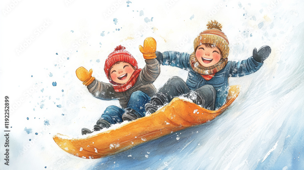 Two brothers joyfully sliding down snowy hill on sled, laughing and enjoying winter fun. Their bright hats and gloves add to cheerful atmosphere