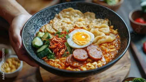 Woman holding a bowl of seblak. Seblak is spicy street food from Indonesia. photo