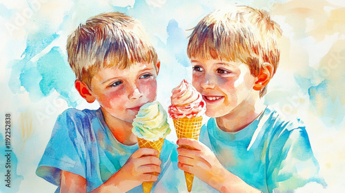 Obraz na płótnie Two brothers sharing ice cream cones on sunny day, enjoying their sweet treats with smiles. vibrant colors and joyful expressions capture moment of happiness w salonie
