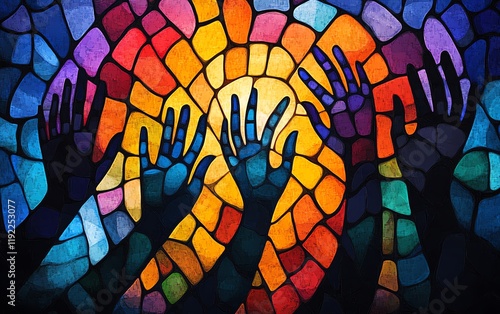 Vibrant hands reaching upward, colorful vector art, symbolizing volunteers, unity, and partnerships, abstract background for association and community themes photo