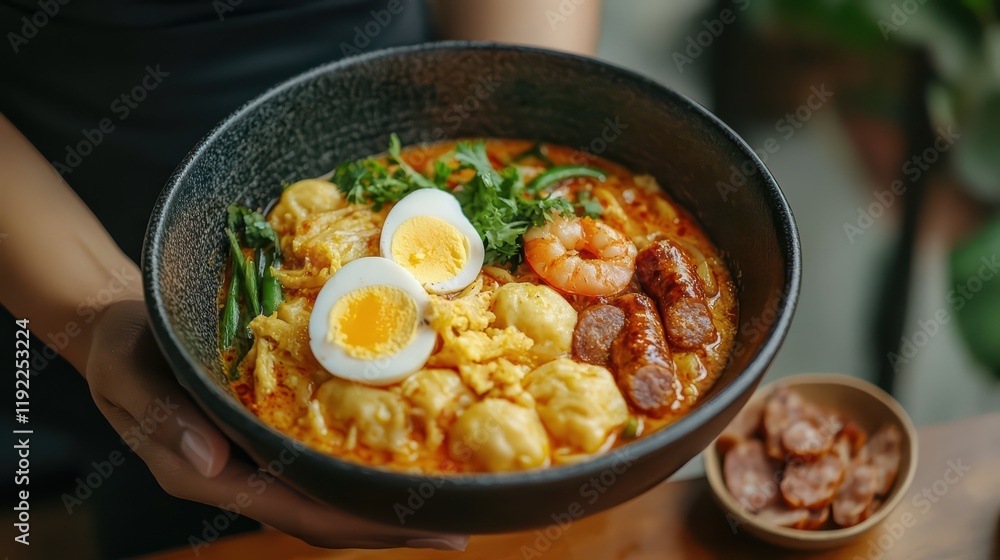 Asian Curry Noodle Bowl: Shrimp, Egg, and Greens Held in Hand, Close-up. Asian Curry Noodle Bowl: Shrimp, Egg, and Greens Held in Hand, Close-up.