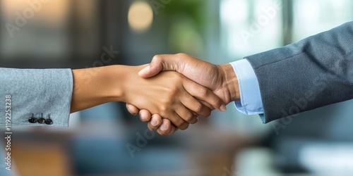 Two business professionals shaking hands in a modern office close-up of hands and confident expressions sealing a deal with determination in their eyes photo