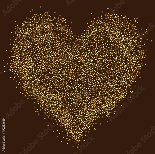 Creative composition of circular gold particles, heart shaped powder. Perfect for love-themed and romantic designs, the artistic arrangement conveys charm and elegance with heart-shaped elements.