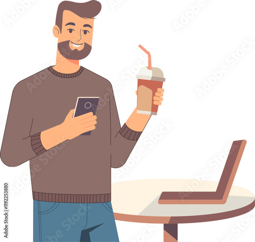 Man holding a paper coffee cup and a smartphone, depicting modern multitasking, technology in everyday life. Ideal for technology and lifestyle designs, symbolizing convenience and connectivity.