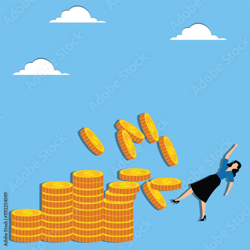 Bankruptcy, operating losses, investment or business failures, financial and economic turmoil, businesswomen falling off the wobbly, collapsing pile of gold coins