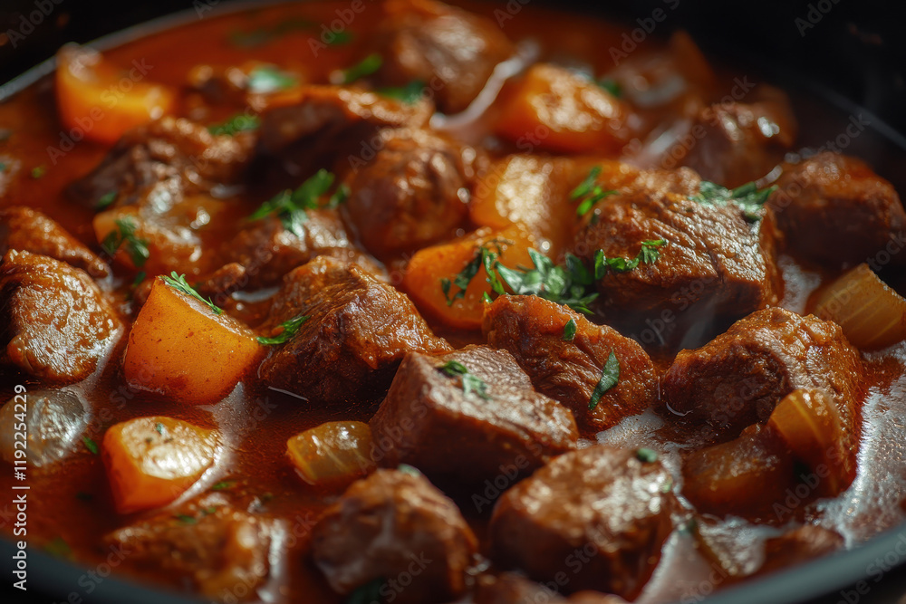 A close-up of a hearty beef stew with potatoes and herbs, simmering in a rich sauce. A close-up of a hearty beef stew with potatoes and herbs, simmering in a rich sauce.