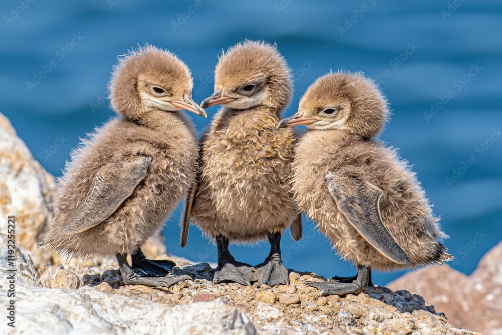Obraz premium Three adorable fluffy baby birds huddle together on a rocky outcrop near the ocean, showcasing their downy feathers and captivating expressions.