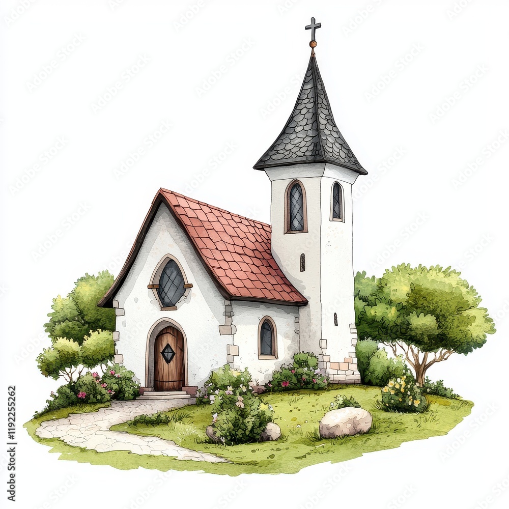 Naklejka premium Charming Small Church Surrounded by Lush Greenery and Flowers