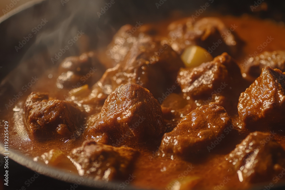 A close-up of tender beef chunks simmering in a rich, savory sauce. A close-up of tender beef chunks simmering in a rich, savory sauce.