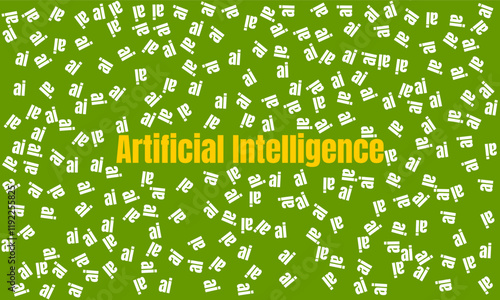Abstract Concept Design Featuring Artificial Intelligence and AI Keywords.  Green background showcasing repeated white text and yellow main idea shows technology advancements and concepts.