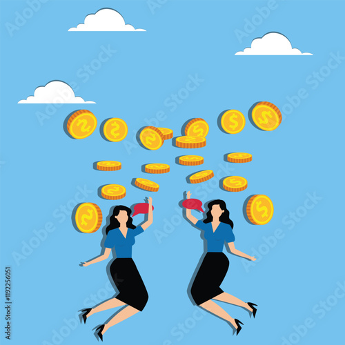 Making money, the road to riches, investing, running a business, making profits in stocks, savings, successful businesses and teams, money raining down, businesswomen discussing and cheering together