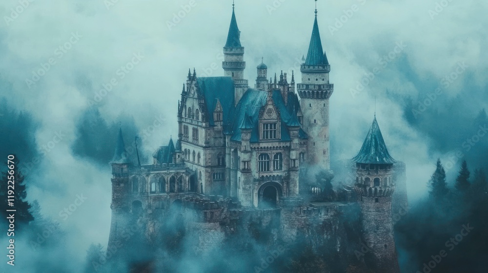 Majestic castle shrouded in mist, perched atop a hill. Majestic castle shrouded in mist, perched atop a hill.