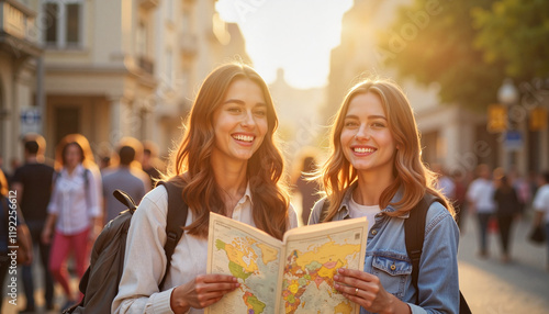 Happy teenagers sightseeing in urban street during afternoon, adventure