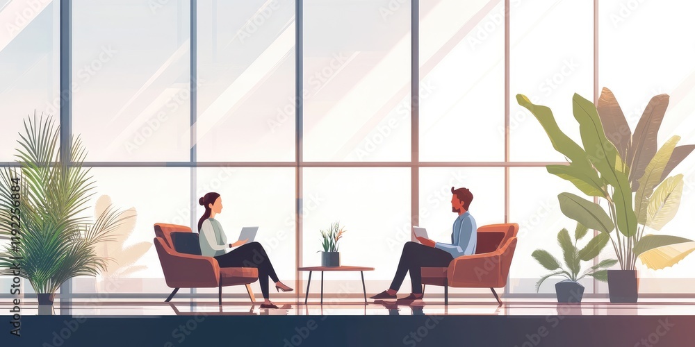 Two people discussing a project in a stylish, modern living room, with sleek furniture and a panoramic window view Two people discussing a project in a stylish, modern living room, with sleek furniture and a panoramic window view